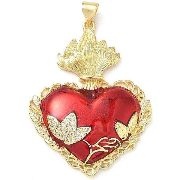 Brass Micro Pave Cubic Zirconia Pendants, Sacred Heart, With Enamel, Rack Plating,Lead Free & Cadmium Free, Long-Lasting Plated, Real 18K Gold Plated, 42X31X4.5Mm, Hole: 3X4.5Mm-image