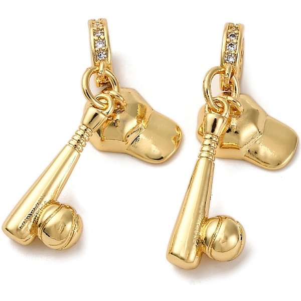 Brass Micro Pave Clear Cubic Zirconia European Dangle Charms, Baseball & Hat Large Hole Pendants, Long-Lasting Plated, Cadmium Free & Lead Free, Rack Plating, Real 18K Gold Plated, 26mm, Hole: 4.5mm