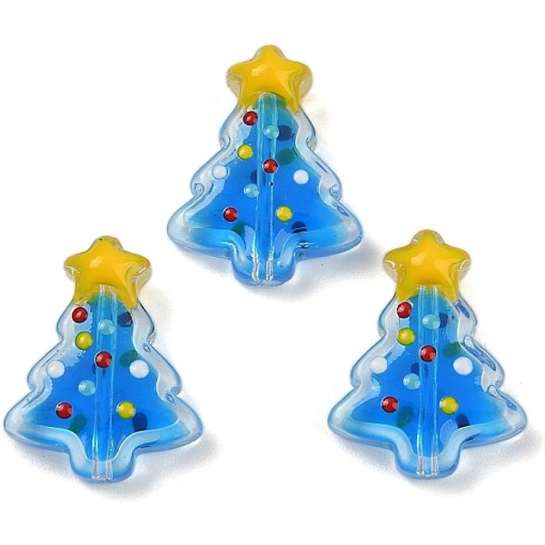 Handmade Lampwork Enamel Beads, Christmas Trees, Dodger Blue, 18X15X7Mm, Hole: 1.2Mm-image