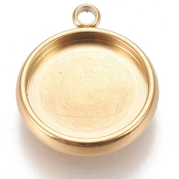 Placcatura ionica (ip) 304 impostazioni cabochon pendente in acciaio inossidabile, Coppe con bordo in pizzo, rotondo e piatto, oro, vassoio: 12mm, 17x14.5x3mm, Foro: 1.8 mm