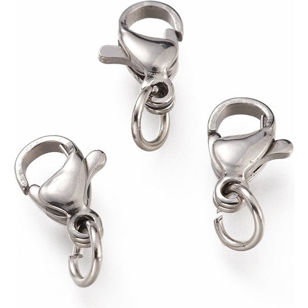Tarnish Resistant 304 Stainless Steel Lobster Claw Clasps, With 201 Stainless Steel Jump Ring, Stainless Steel Color, 10X7X3Mm, Hole: 3.2Mm, Jump Ring: 5X0.6Mm-image