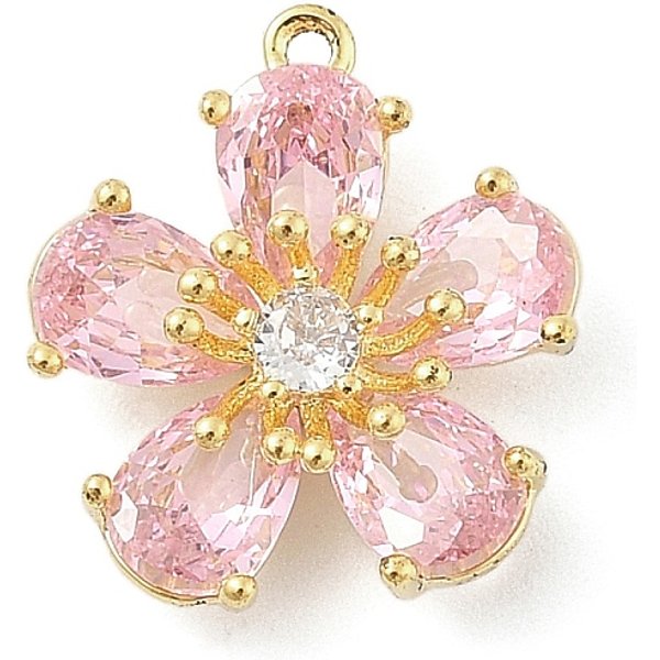 Messing Mikro ebnen Zirkonia Anhänger, Cadmiumfrei und Nickel frei und Bleifrei, Blume Anhänger / charms, rosa, 16x13.5x5 mm, Bohrung: 1.2 mm