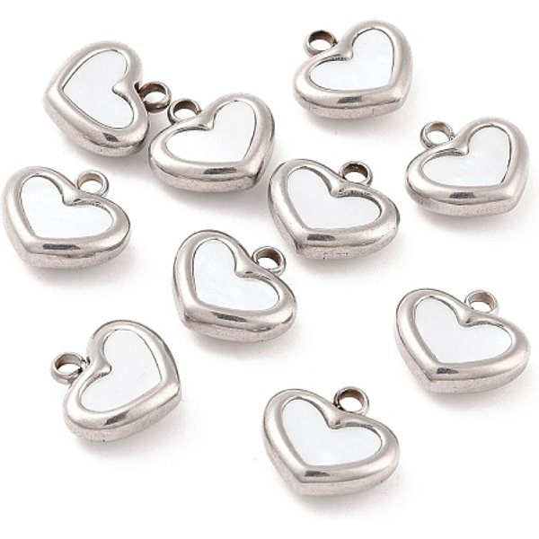 Pendentifs En Acier Inoxydable 304, Avec Coquille, CœUr, Couleur Inoxydable, 11X11X4Mm, Trou: 1.8Mm-image