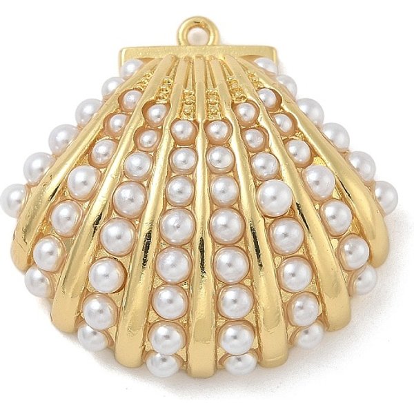 Rack Plating Brass Pendants, with ABS Plastic Pearl, Long-Lasting Plated, Lead Free & Cadmium Free, Scallop, Real 18K Gold Plated, 31x32x11mm, Hole: 1.4mm