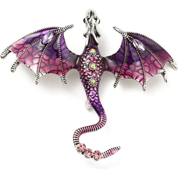 Dragon Enamel Pins, Antique Silver Alloy Rhinestone Brooch, Purple, 61X70.5X10.5Mm-image