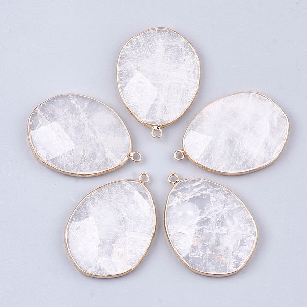 Natural Quartz Crystal Pendants, Rock Crystal Pendants, with Brass Findings, Faceted, teardrop, Golden, 44-45x31.5x8mm, Hole: 2.5mm