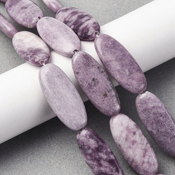 Natural Lepidolite/Purple Mica Stone Beads Strands, Flat Oval, 30X12.5X5.5Mm, Hole: 1.2Mm, About 13Pcs/Strand, 15.20''(38.6Cm)-image