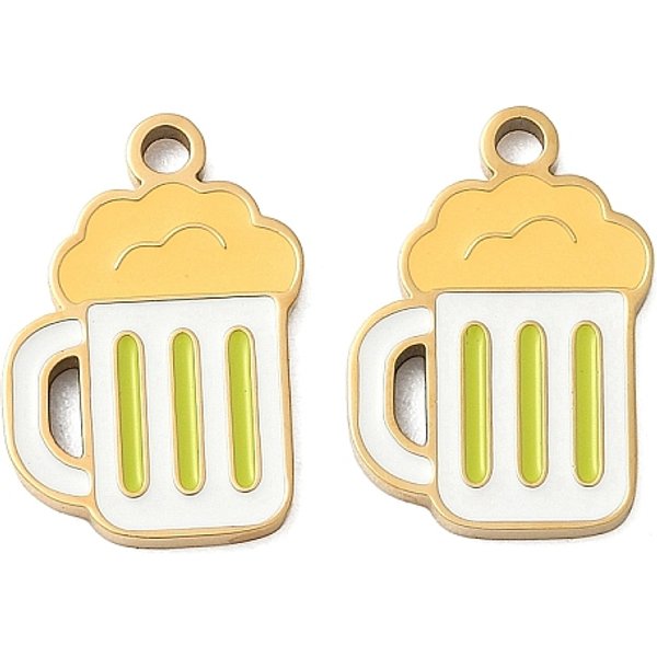 304 Stainless Steel Enamel Pendants, Beer, Ion Plating(Ip), Real 18K Gold Plated, White, 16.5X11X1.5Mm, Hole: 1.6Mm-image