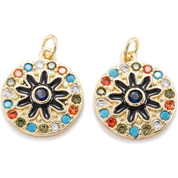 Ciondoli in vero ottone placcato oro 18k con micro pavé di zirconi, con smalto e anello per saltare, placcato di lunga durata, schiena piatta con fiore, nero, 19x16x3mm, anello di salto: 5x0.8 mm, 3.4mm diametro interno