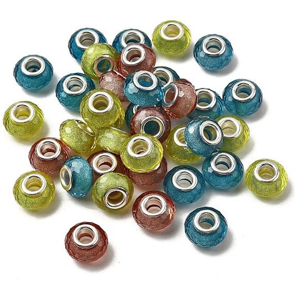 Perles EuropéEnnes à Facettes En RéSine , Perles Avec Un Grand Trou , Rondelle Avec Noyaux En Laiton Plaqué Argent Et Poudre Scintillante, Jaune, 14X8.5Mm, Trou: 5Mm-image