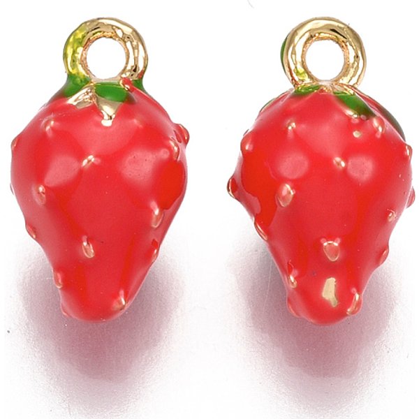 Messing Charme, mit Emaille, Erdbeere, rot, Nickelfrei, echtes 18k vergoldet, 11.5x7x7 mm, Bohrung: 1.4 mm