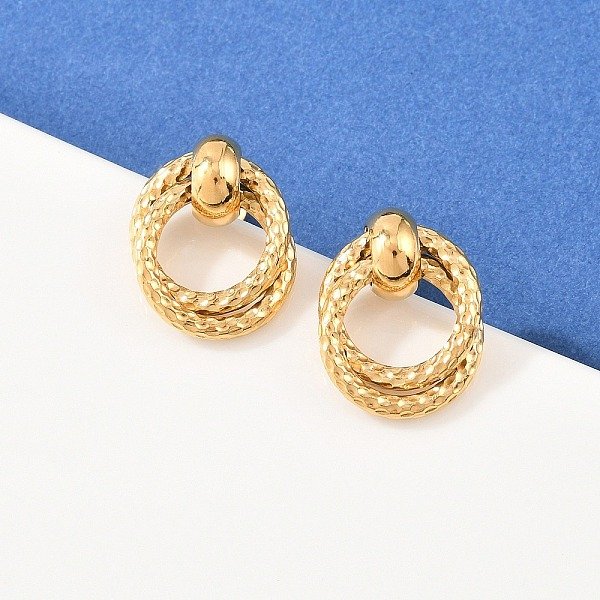 304 Stainless Steel Textured Ring Stud Earrings, Manual Polishing, Ion Plating(Ip), Real 18K Gold Plated, 17X13.5Mm-image