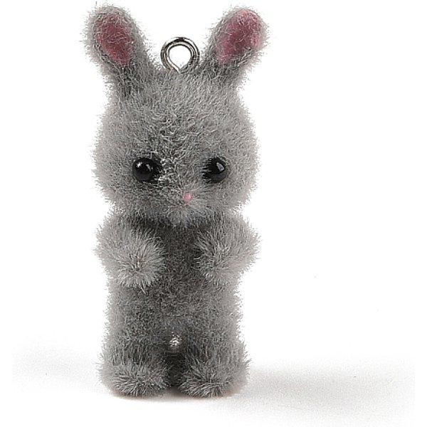 Flocking Resin Cute Bunny Pendants, Rabbit Charms with Platinum Plated Iron Loops, Gray, 40x18x15mm, Hole: 2mm