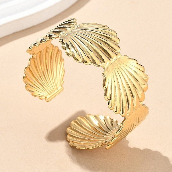 Bracelets Manchettes En Acier Inoxydable 304 Pour Femmes, Forme Coquille, Placage Ionique (Ip), VéRitable 14K Plaqué Or, DiamèTre IntéRieur: 2X2-1/8-2-1/4 Pouce (5X5.5-5.7 Cm)-image