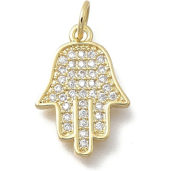 Brass Micro Pave Cubic Zirconia Pendants, Hamsa Hand Charms, Cadmium Free & Lead Free, Rack Plating, Long-Lasting Plated, With Jump Ring, Real 18K Gold Plated, 17X12X2Mm, Hole: 3.5Mm-image