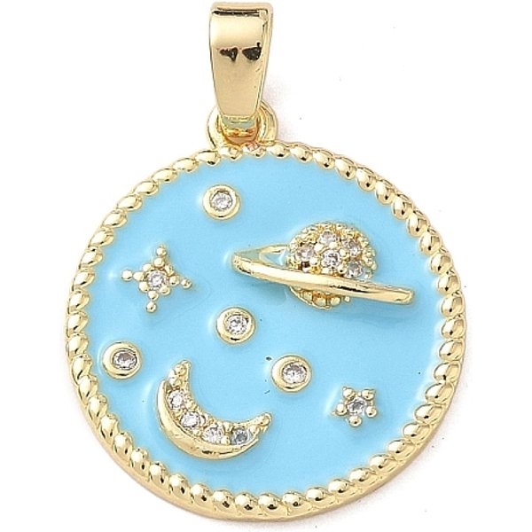 Messing Mikro Ebnen Zirkonia AnhäNger, Flache Runde Mit Planeten, Schmelz-Stil, Echtes 18K Vergoldet, Licht Himmel Blau, 19.5X17X3 Mm, Bohrung: 4X3 Mm-image