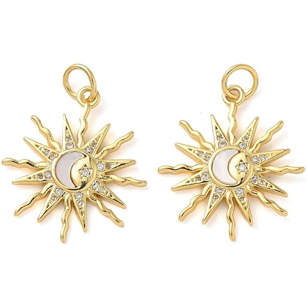 Natural White Shell Pendants, Brass Sun Charms With Jump Rings, Real 18K Gold Plated, 22X19.5X2.5Mm, Hole: 3.5Mm-image