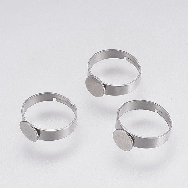 Tarnish Resistant Adjustable 304 Stainless Steel Pad Ring Settings, Flat Round, Stainless Steel Color, Tray: 8mm, 17mm, 4.5x0.7mm