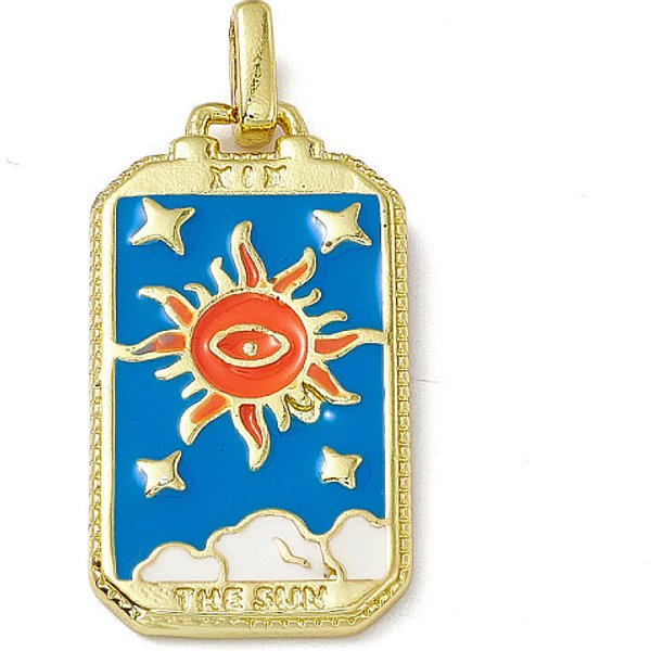Pendente Smaltati In Lega, Rettangolo, Fascino Del Modello Dei Tarocchi, Oro, Dodger Blu, Modello Del Sole, 26X14X2Mm, Foro: 2X3 Mm-image