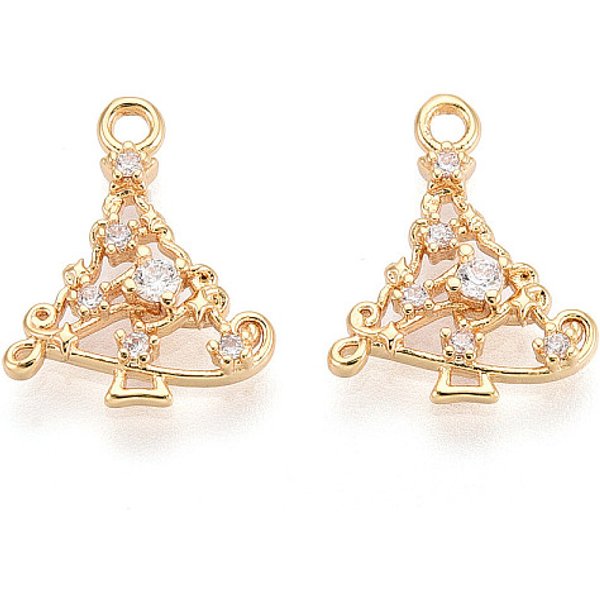 Messing Mikro Ebnen Zirkonia Charme, Tannenbaum, Langlebig Plattiert, Nickelfrei, Echtes 18K Vergoldet, Transparent, 15X12X2.5 Mm, Bohrung: 1.4-1.5 Mm-image