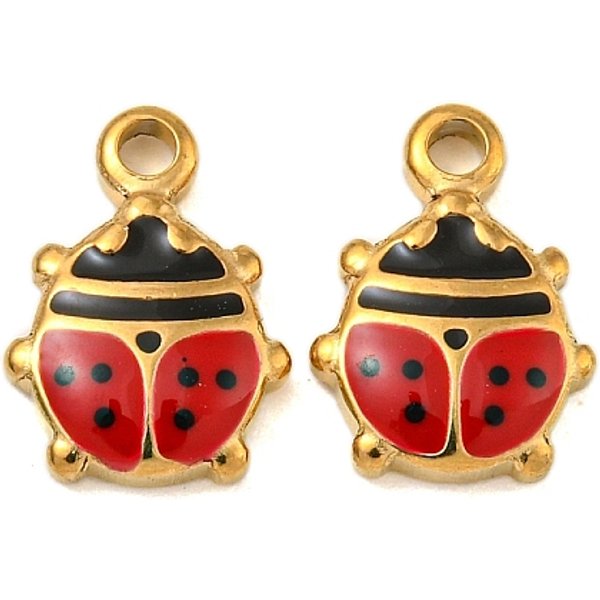 Ciondoli In Acciaio Inossidabile Smaltato 304, Fascino Coccinella, Vero Placcato Oro 18K, 12X8.5X2.5Mm, Foro: 1.6 Mm-image