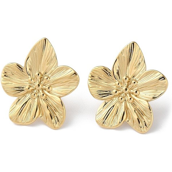 304 Stainless Steel Stud Earrings, Flower, Real 14K Gold Plated, 30x27mm