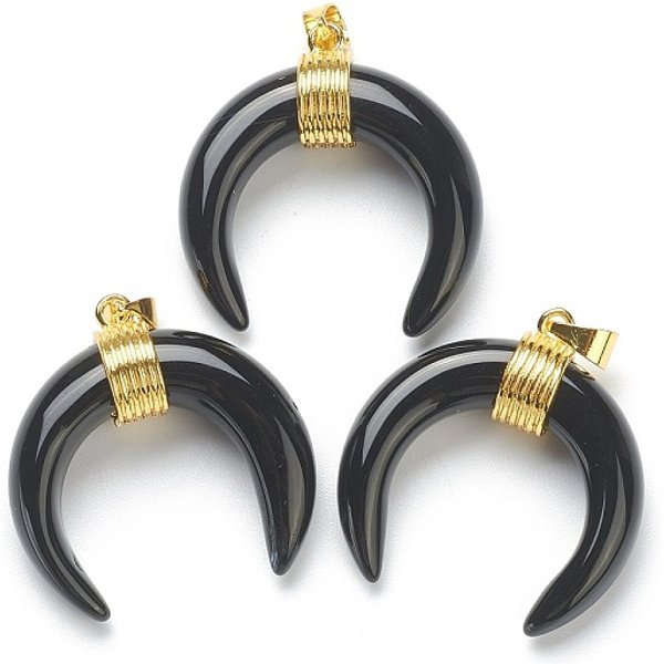 Ciondoli Ossidiana Naturali, Con I Risultati In Ottone Dorato, Doppio Corno / Mezzaluna, 31-33X30X10Mm, Foro: 6X4 Mm-image