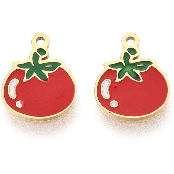 304 Stainless Steel Charms, With Enamel, Real 14K Gold Plated, Tomato Charm, Ion Plating(Ip), Firebrick, 12X9.5X0.8Mm, Hole: 1Mm-image