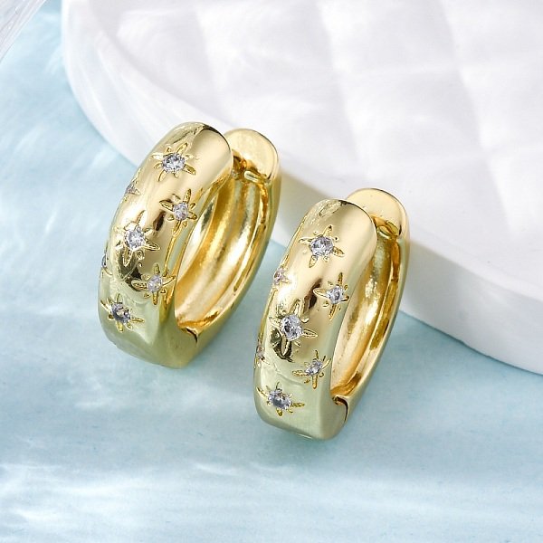 Clear Cubic Zirconia Star Hoop Earrings, Brass Chunky Earrings For Women, Cadmium Free & Nickel Free & Lead Free, Real 18K Gold Plated, 20X6Mm, Pin: 1Mm-image