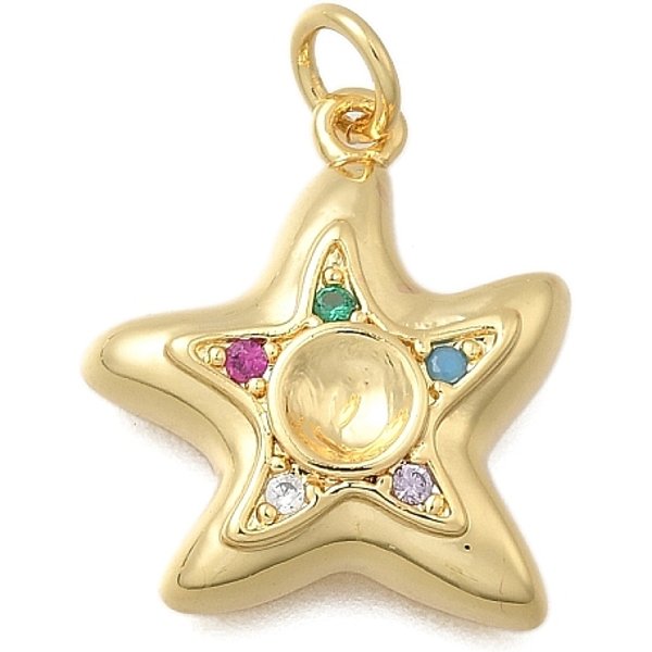 Messing Mikro Ebnen Zirkonia AnhäNger, Cadmiumfrei Und Bleifrei, Echtes 18K Vergoldet, Gestell, Langlebig Plattiert, Mit Sprungring, Seestern, 18.5X16.5X4.5 Mm, Bohrung: 3.2 Mm-image