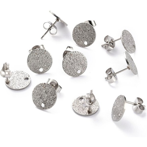 AnlaufgeschüTzte Ohrstecker-BeschläGe Aus Edelstahl 304, Strukturierte Flache Runde, Edelstahl Farbe, 10X1 Mm, Bohrung: 1.4 Mm, Stift: 0.8 Mm-image
