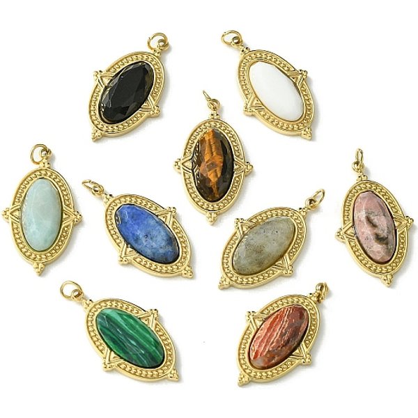 Pendentifs à Facettes En Pierres PréCieuses Naturelles Et SynthéTiques MéLangéEs, Breloques Ovales, Avec Des Supports En Acier Inoxydable 304 à Placage Ionique (Ip), VéRitable 14K Plaqué Or, 24.5X14.5X4.5Mm, Trou: 2.5Mm-image