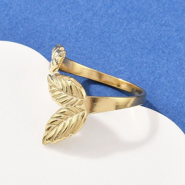 304 Stainless Steel Cuff Rings, Leaf, Ion Plating(IP), Real 18K Gold Plated, Inner Diameter: 18mm
