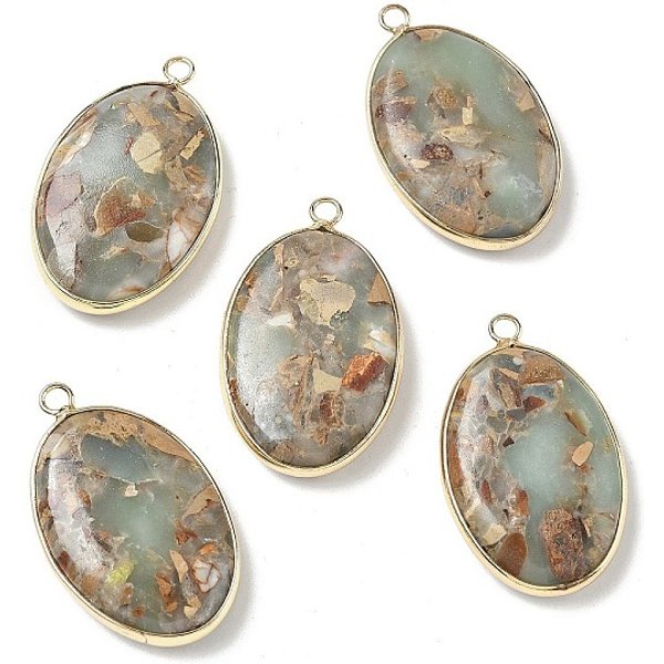 Pendentifs En Jaspe ImpéRial SynthéTique Teint, Breloques Ovales, Avec Les Supports De Laiton, Or, Aqua, 35-36X21-22X6.5-7Mm, Trou: 2.6-2.8Mm-image