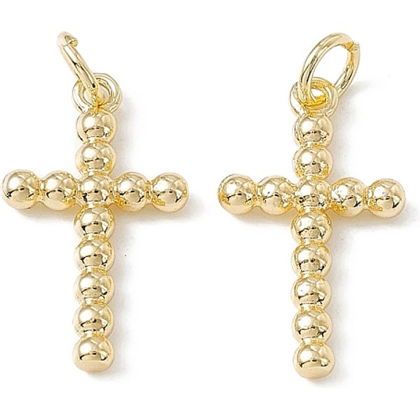 Brass Pendants, Cadmium Free & Nickel Free & Lead Free, Religion Cross Charms, With Open Jump Rings, Real 18K Gold Plated, 20X11X2Mm, Hole: 3Mm, Ring: 5X0.9Mm-image