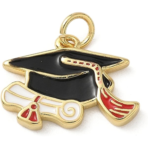 Brass Enamel Pendants, Graduation Cap Charms, with Jump Ring, Rack Plating, Long-Lasting Plated, Lead Free & Cadmium Free, Real 18K Gold Plated, 13.5x18x2.5mm, Hole: 3.3mm