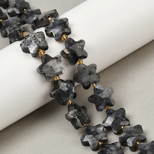 Natural Larvikite Beads Strands, Faceted, Star, With Seed Beads, 14-15X14X6Mm, Hole: 1Mm, About 27Pcs/Strand, 15.94''(40.5Cm)-image