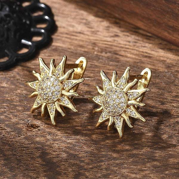Sun Shape Clear Cubic Zirconia Hoop Earring, Brass Jewelry for Her, Cadmium Free & Lead Free, Real 18K Gold Plated, 15x3.5mm, Pin: 0.8mm