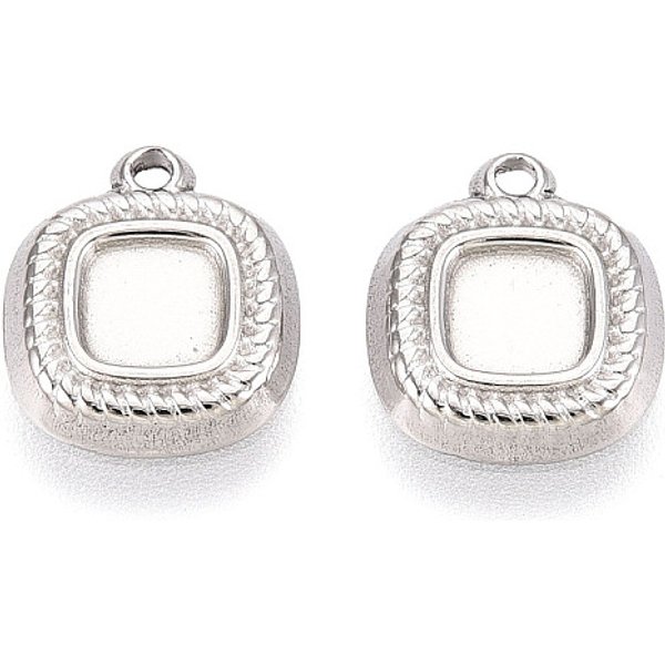 304 Stainless Steel Pendant Cabochon Settings, Square, Stainless Steel Color, Tray: 4X4Mm, 10.5X9X2Mm, Hole: 1Mm-image