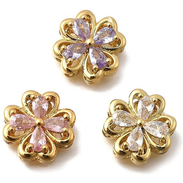 Brass Pave Cubic Zirconia Multi-Strand Links, Clover, Real 18K Gold Plated, Mixed Color, 13.5X13.5X6Mm, Hole: 1.8Mm-image