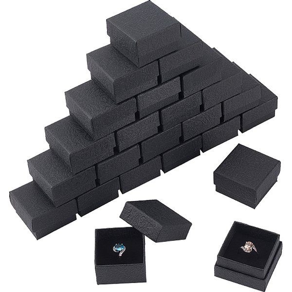 Scatole regalo di gioielli in carta a trama, con materassino in spugna all'interno, quadrato, nero, 5.1x5.1x3.3cm, diametro interno: 4.6x4.6 cm, profondo: 3 cm, 24 pc / set