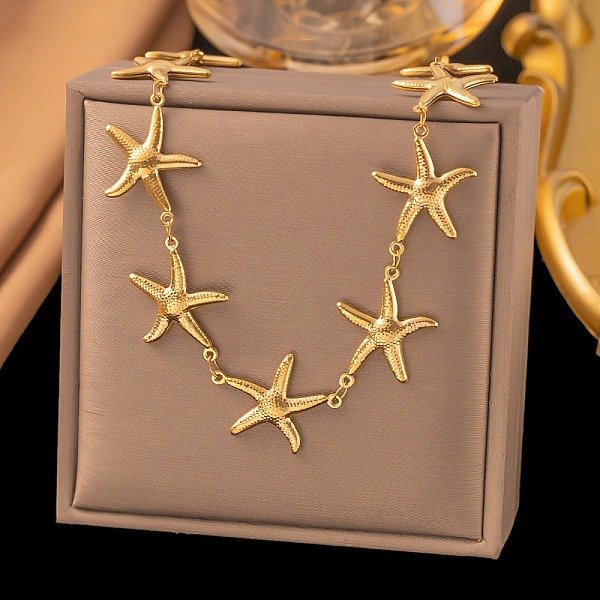 304 Stainless Steel Starfish Link Chain Necklaces for Women, Golden, 17.17 inch(43.6cm)