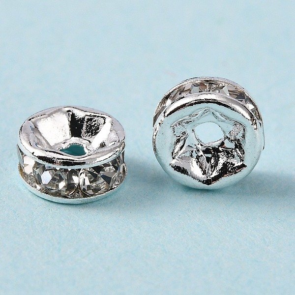 Brass Grade A Rhinestone Spacer Beads, Silver Color Plated, Nickel Free, Rondelle, Crystal, 6X3Mm, Hole: 1Mm-image