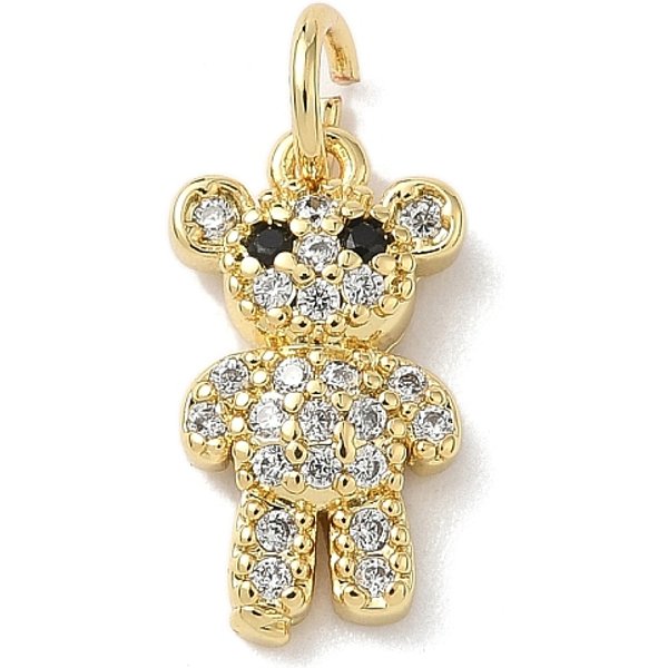 Brass Micro Pave Black And Clear Cubic Zirconia Bear Charms, With Jump Rings, Rack Plating, Cadmium Free & Lead Free, Long-Lasting Plated, Real 18K Gold Plated, 14.5X8.5X3.5Mm, Hole: 3.5Mm-image