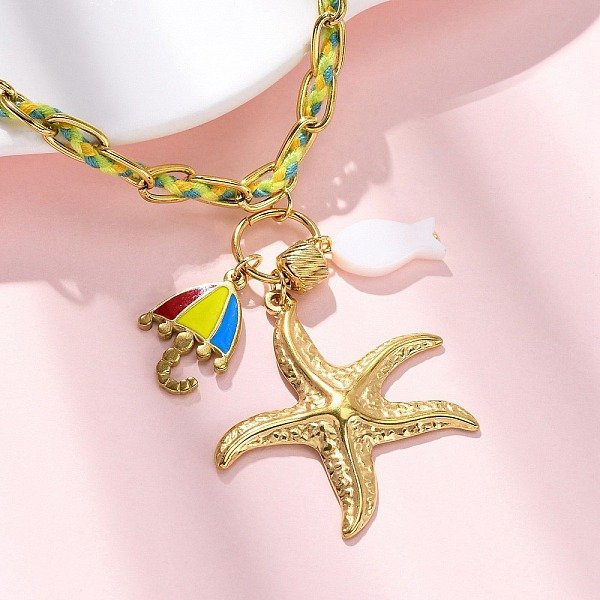 Starfish & Umbrella 304 Stainless Steel Enamel Pendant Necklaces, With Rope & White Shell, Ion Plating(Ip), Real 18K Gold Plated, 17.01 Inch(43.2Cm)-image