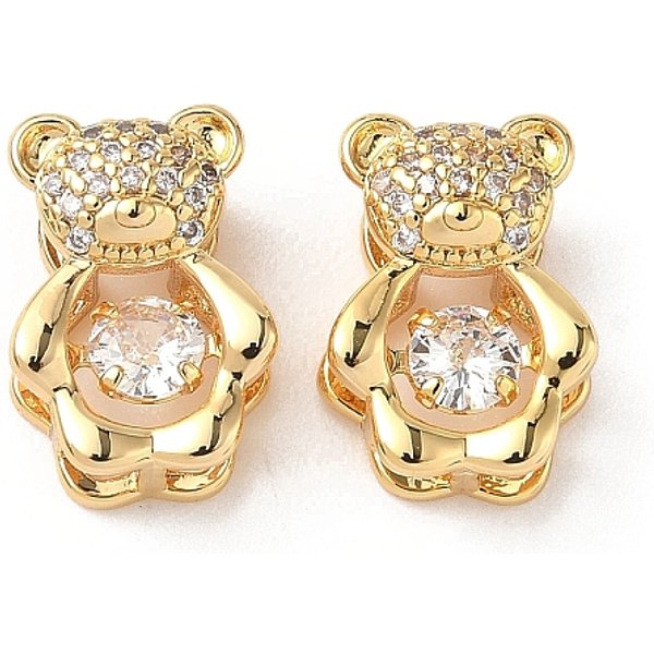 Brass Micro Pave Clear Cubic Zirconia Slide Charms, Bear, with Cat Eye, Nickel Free, Real 18K Gold Plated, 13x9.5x6mm, Hole: 2.5x2.5mm