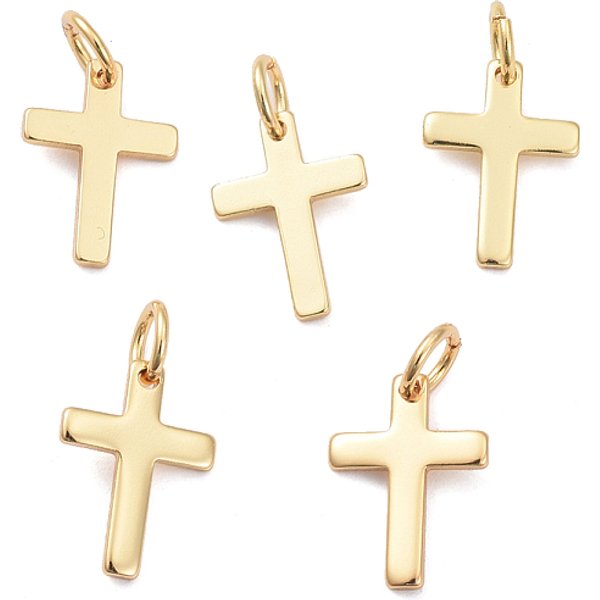 Pendente In Ottone, Placcato Di Lunga Durata, Croce, Vero Placcato Oro 18K, 12.5X9X1Mm, Foro: 3.2 Mm-image