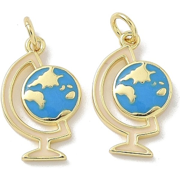 Brass Enamel Pendants, Globe Charms, With Jump Ring, Rack Plating, Long-Lasting Plated, Cadmium Free & Lead Free, Real 18K Gold Plated, 18X11X2Mm, Hole: 3Mm-image