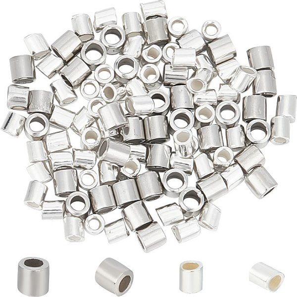 100 Stück, 2 Stile, 925 Röhrenperlen aus Sterlingsilber., Crimpperlen, Platin & Silber, 1.5-2x1.5-2 mm, Bohrung: 1 mm