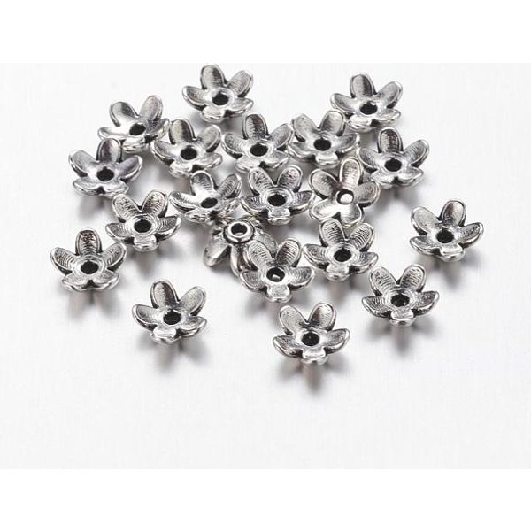 Tibetischen Stil Zink-Legierung Perlenkappen, Bleifrei, Cadmiumfrei Und Nickel Frei, Blume, Antik Silber Farbe, 6.5X3 Mm, Bohrung: 1 Mm-image